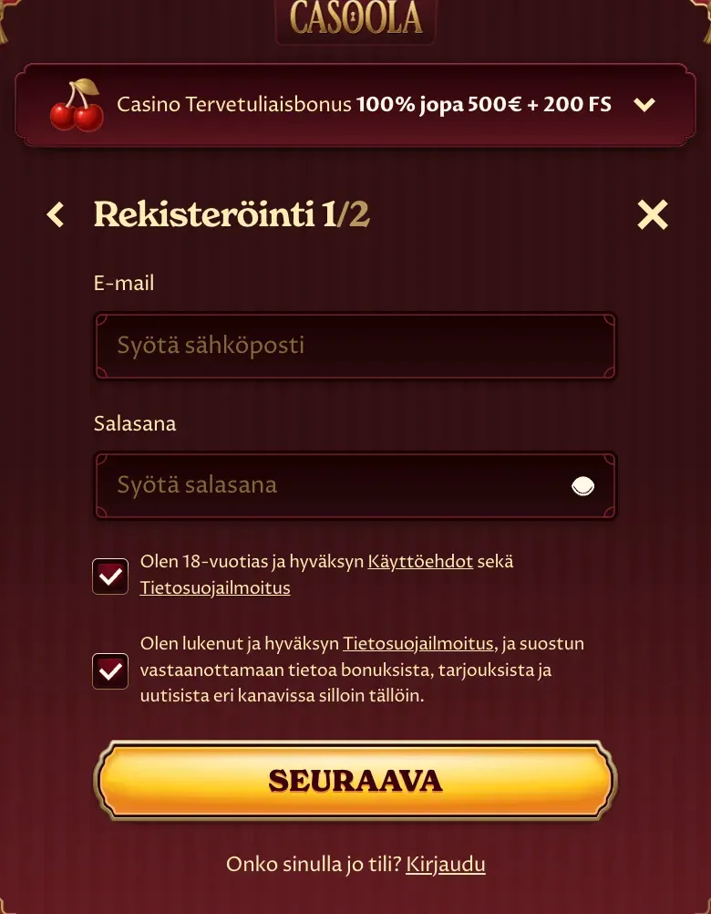 Rekisteröintilomake Casoola casino